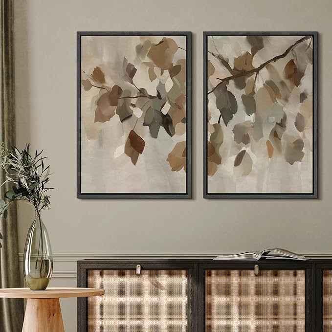 MUDECOR Framed Canvas Print Wall Art Set Abstract Leaf Branch Minimalist Nature-Inspired Beige and Brown Calm/Zen for Living Room, Bedroom, Office - 16"x24"x2 Black