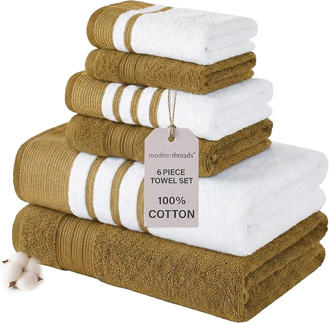 Modern Threads 6-Piece Towel Set – 100% Cotton, Quick Dry, Ultra Absorbent – Includes 2 Bath, 2 Hand, 2 Washcloths (White/Reinhart Amber)