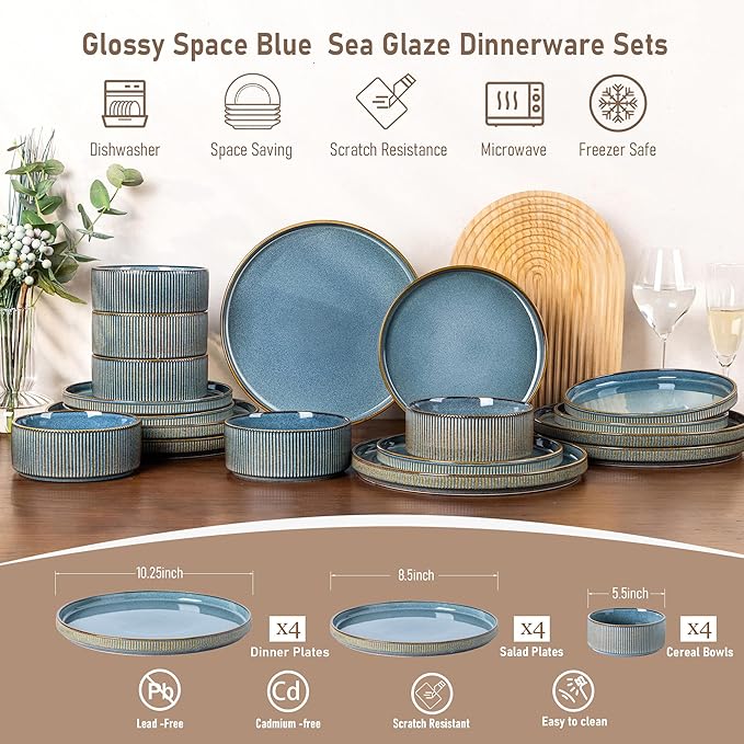 GBHOME 12-Piece Stoneware Dinnerware Set for 4 – Ribbed Ceramic Plates and Bowls, Scratch-Resistant, Microwave & Dishwasher Safe, Reactive Glaze, Deep Ocean