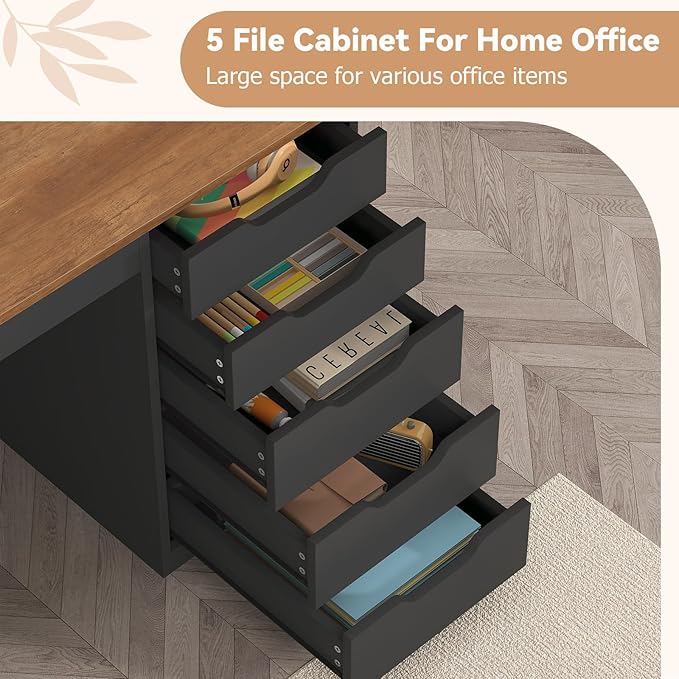 YOMILUVE 47 Inch Computer Desk with 5 Drawers and Power Outlets, Home Office Desks with Storage File Cabinet, Modern Simple Laptop Desk Writing Table for Small Spaces, Brown and Black