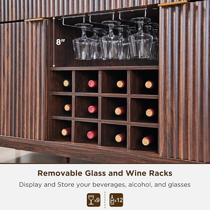 OKD 60" Fluted Wine Bar Cabinet, Modern Wood Coffee Bar Cabinet - 3 Storage Drawers, 2 Side Cabinets with Adjustable Shelf, Racks for Wine & Glass/Mug, Sideboard for Kitchen, Dining Room, Walnut