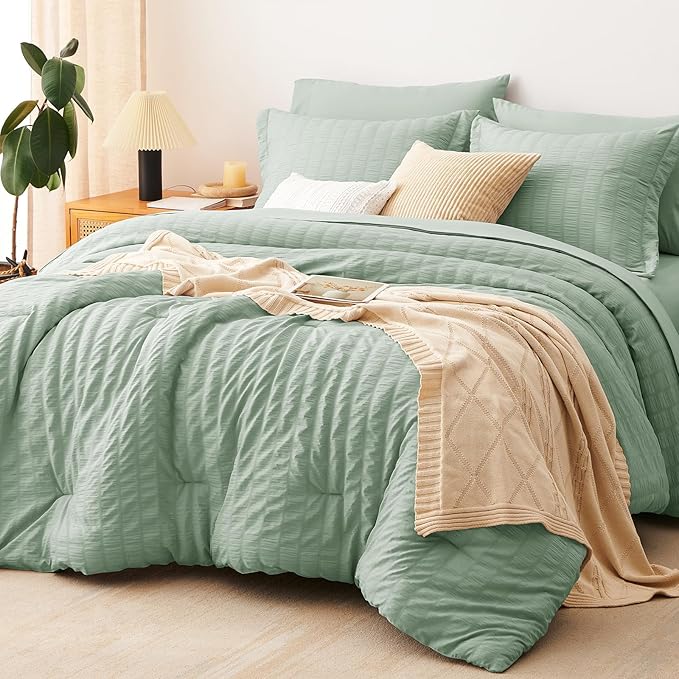 CozyLux California King Comforter Set with Sheets 7 Pieces Light Blue Seersucker Bed in a Bag, Cal King All Season Bedding Set with Down Alternative Comforter, Sheets, Pillowcases & Shams, Home Gift