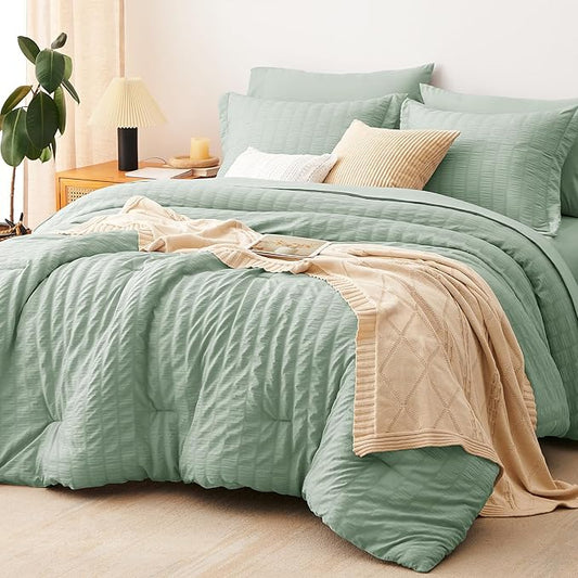 CozyLux Full Size Comforter Sets Sage Green, 7 Pieces Seersucker Textured Luxury Bed in a Bag, All Seasons Soft Bedding Sets with Down Alternative Comforter, Sheets, Pillowcases & Shams, Home Gift