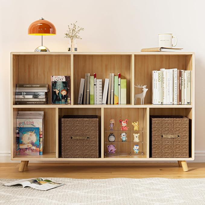 YZU 45" Wide Bookshelf, 7 Cube Storage Organizer, Solid Wood for Home, Office, Natural Wood