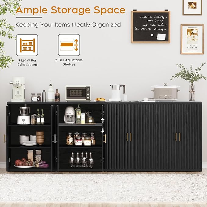 Yechen 94.6" Black Fluted Sideboard Buffet Cabinet with Storage and 8 Doors, Mordern Credenza Storage Cabinet with Adjustable Shelves, Media Console Table, for Living Room Dinning Kitchen(2 PCS)