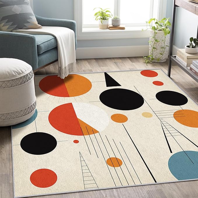50s Rugs for Living Room 6x8, Retro Mid Century Modern Geometric Abstract Pattern Design Area Rug, 50s Bedroom Decor Carpet, Non Slip, Washable (RG516)