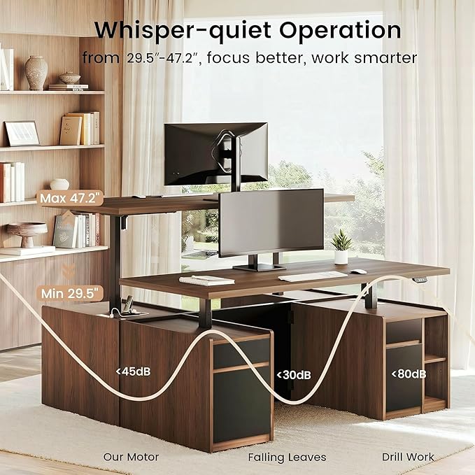 ModernMate Executive Standing Desk with Drawers & Storage, 70.8'' Adjustable Electric Stand Up Wood Desk with Privacy Panel, AC/USB, File Cabinet, Large One-Piece Desktop for Home Office, Black Walnut