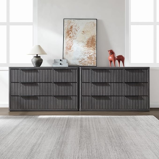 SICOTAS Dresser for Bedroom 107" Wide 6 Drawer Dressers & Chests of Drawers for Closet Long Large Modern TV Stand Set for Clothes Storage Fluted Clothes Closet for Hallway Entryway, Dark Grey Alder