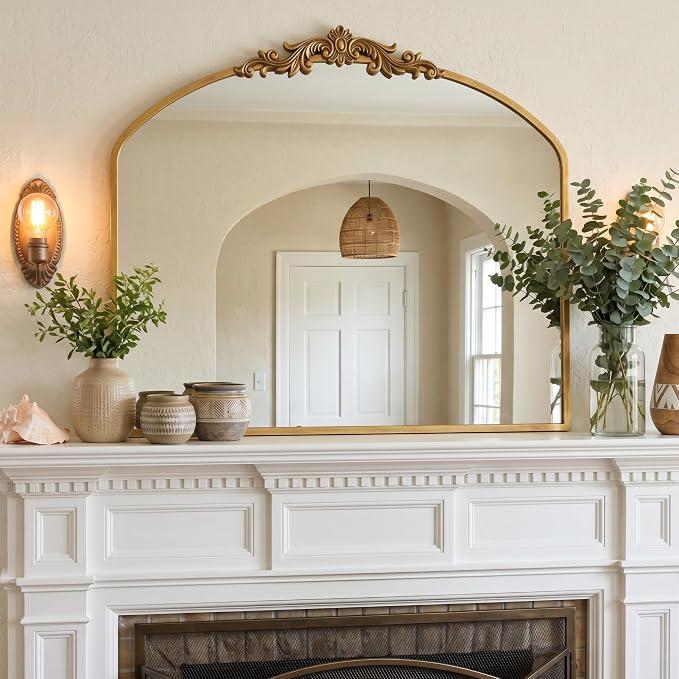 PERFNIQUE Vintage Mirror, 36" X 30" Arched Antique Baroque Mirror, Gold Traditional Wall Decor, Ornate Decor Anthro Look Alike Decor for Bathroom Living Room Fireplace Entryway Hallway
