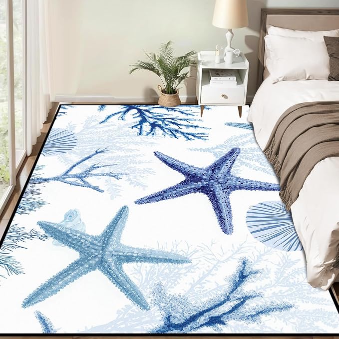 Coastal Starfish Rug 3'x5' Blue Ocean Area Rug Coral Seashell Floor Mat Washable Low Pile Carpet for Entryway Bedroom Living Room Kitchen Home Decor