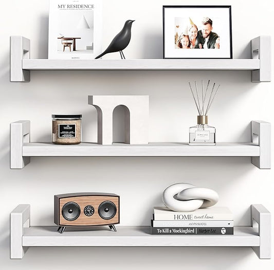 Vailando Floating Shelves for Wall, Set of 3 Solid Wood Wall Mounted Shelves, 16" White Display Shelf for Bedroom, Living Room, Bathroom, and Kitchen Decor - Heavy-Duty & Natural Pine