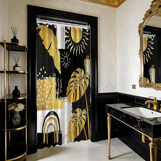 Small Stall Narrow Black and Gold Shower Curtain Boho Stand Up Abstract Dark Mens Shower Curtains for Rv Camper Bathroom Decor Sets, Waterproof Cloth Fabric with Hooks, 36 x 72 Inch