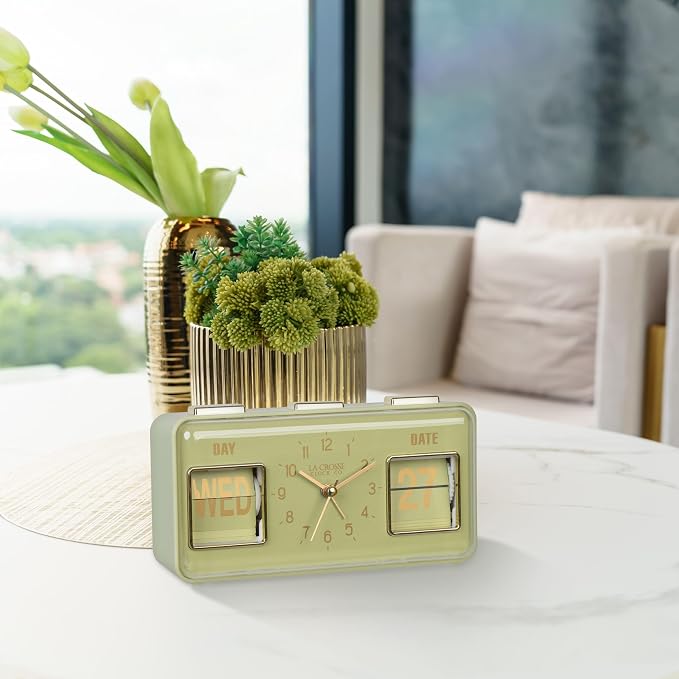 La Crosse Clock 636-379G Daily Flip Green Tabletop Alarm Clock with Calendar