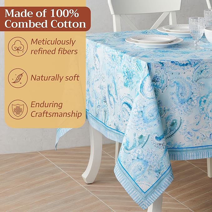Maison d' Hermine Premium Table Cloth Rectangle Table 100% Combed Cotton 120 x 70 Inches Tablecloth Reusable Decorative for Dining Room, Farmhouse, Home, Party, Festive & Wedding - Paisley Blues