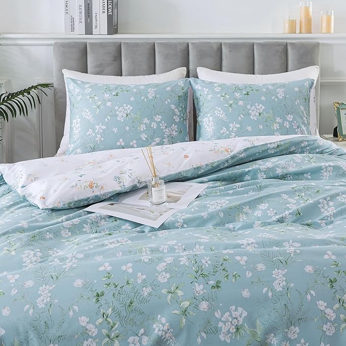 HoneiLife Wildflower Duvet Cover King - 100% Cotton Comforter Cover Sets, Botanical Duvet Cover Sets 3-PC, Floral Bedlinen Set with Zipper Closure & Corner Ties