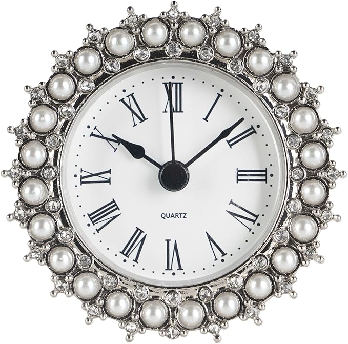 NIKKY HOME Small Table Clock with Faux Pearls Battery Operated for Living Room Decor Desk Shelf 3'', White