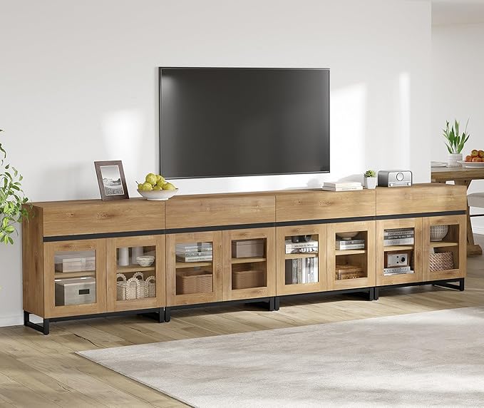 WAMPAT 4 in 1 Multifunctional Sideboard Buffet Cabinets with 8 Glass Doors and 4 Drawers, Modern Sideboard Credenza with and Metal Base, Coffee Bar Storage Cabinet for Living Room, Kitchen, Oak
