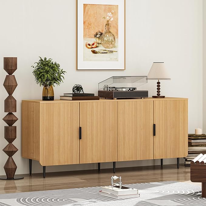 65" Fluted Sideboard Buffet Cabinet with Storage, Console Cabinet with 4 Doors & Adjustable Shelves, Modern Buffet Table for Kitchen Dining Living Room Hallway‌ Entryway, Natural