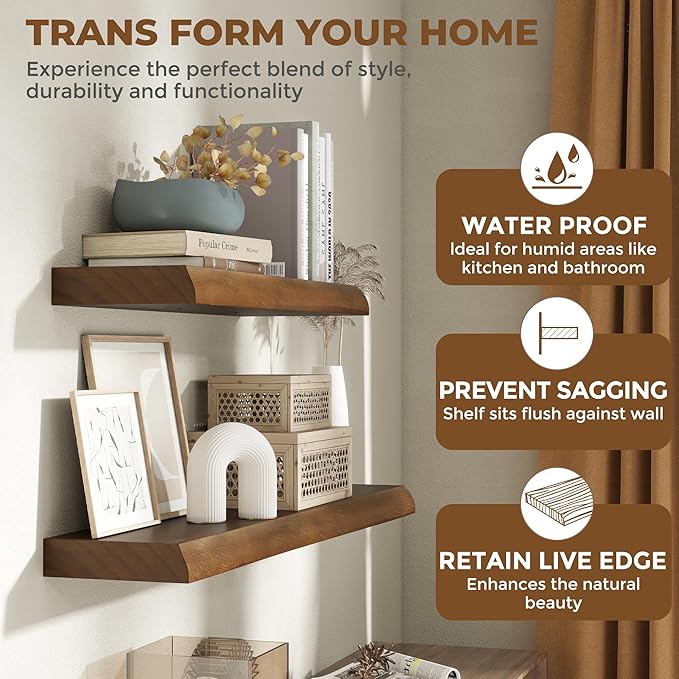 RICHFOCUS Live Edge Wood Floating Shelves for Wall 48" Natural Solid Wood Wall Mounted Shelf|8 Inch Deep Wooden Floating Shelves with Invisible Bracket for Bathroom Kitchen Room|1Pcs, Walnut