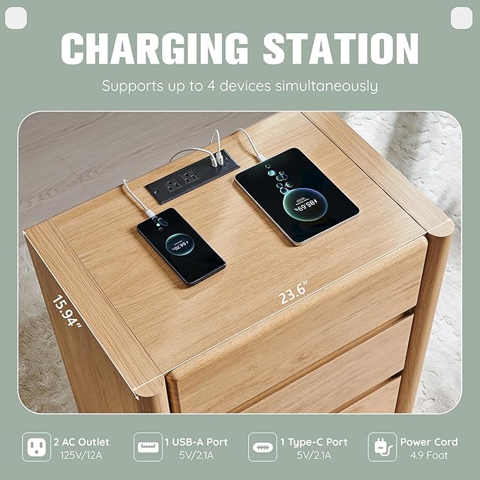 25" Tall Modern Nightstand Set of 2, 23.6" W Nightstand with Charging Station & 3 Storage Drawers & Open Shelf, Wood Night Stand w/Rounded Corner Design for Bedroom, Living Room (Natural)
