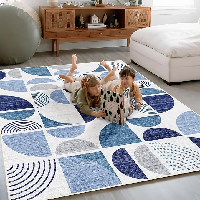 MUJOO Blue Rug Boho Washable,4x6.5 Area Rugs for Bedroom Entryway Living Room Bedside,Small Throw Floor Carpet Non Slip Soft Indoor Modern Abstract Navy Blue