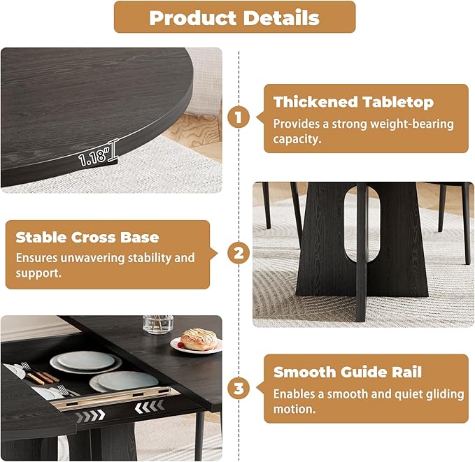 59-Inch Extendable Dining Table for 4-6 People, Modern Kitchen Oval Dinner Table with Storage Shelf and Cross Pedestal for Dining Room, Living Room, Black
