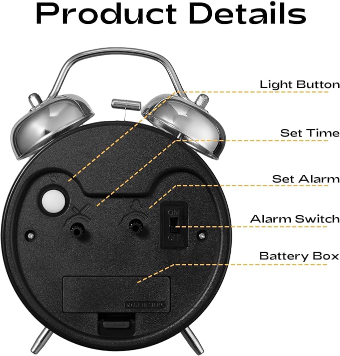 AKCISOT Loud Alarm Clock for Heavy Deep Sleepers, 4.5 Inches Analog Metal Twin Bell Clocks Battery Operated with Backlight for Bedroom Beside, Old Fashioned for Home Desk Decoration(Blue)