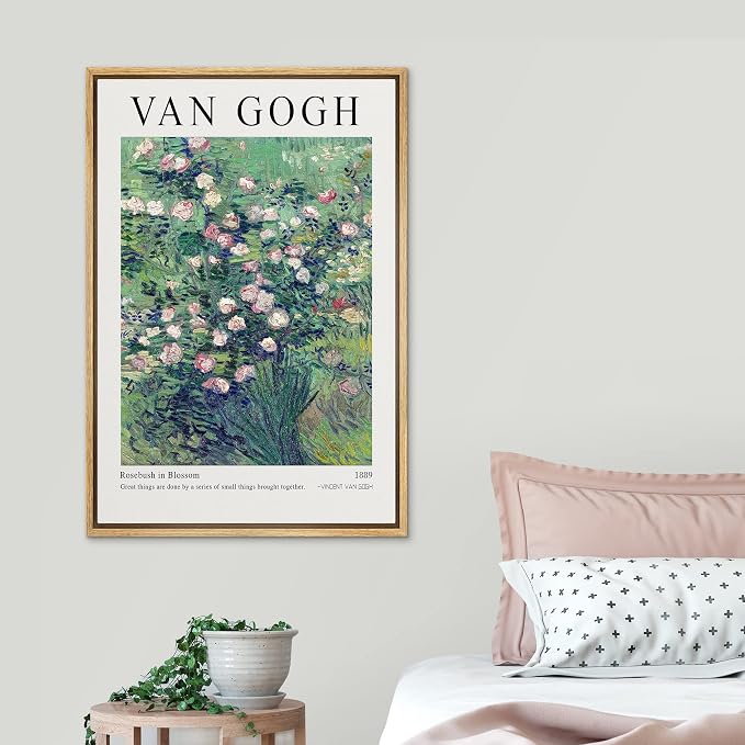 SIGNLEADER Framed Canvas Print Wall Art Rosebush in Blossom Van Gogh Botanical Brushstroke Illustrations Fine Art Traditional Colorful Multicolor for Living Room, Bedroom, Office - 24"x36" Natural