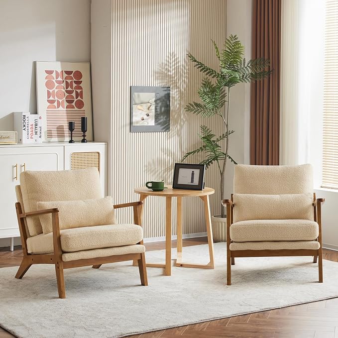 Karl home Accent Chair Wide Armrest Mid-Century Lounge Chair Teddy Fleece Armchair with Lumbar Pillow & Solid Wood Frame for Living Room, Bedroom, Balcony, Khaki