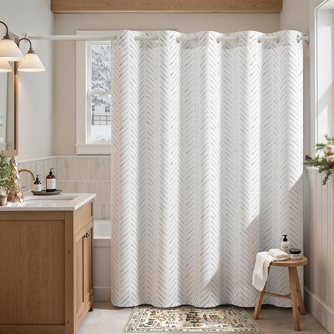 jinchan Hookless Shower Curtain Black and White Inky Herringbone Waterproof Fabric Zigzag Chevron Modern Farmhouse No Hook Shower Curtains for Bathroom 70x72 Inches