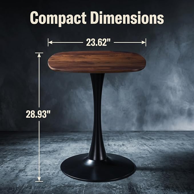 24" Square Tulip Dining Table for 2-4, Small Dining Table with Black Pedestal Base, Dark Walnut Top, Modern Kitchen Table, Bistro Cafe Table for Apartment Small Space Living Room