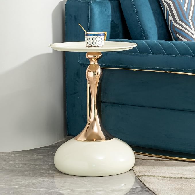 Small Round Side Table, 15" White End Table for Small Space, Modern Bistro Cocktail Table with Metal Pedestal Base, Mini Coffee Table for Living Room, Bedroom, Kitchen, Cafe, Apartment