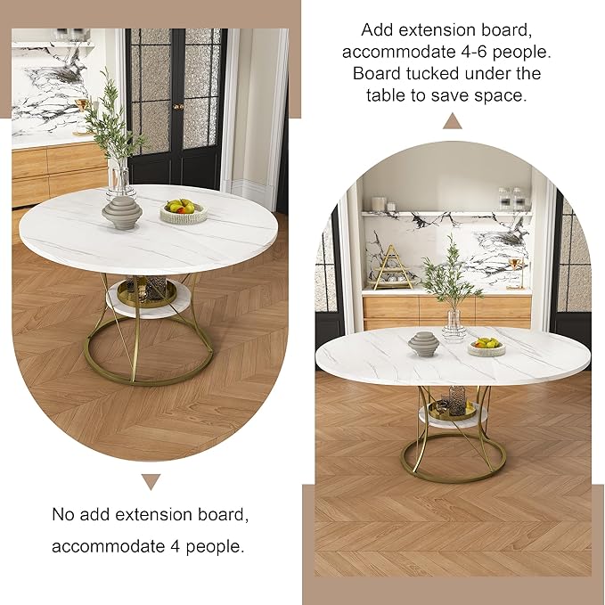 43"-59" Extendable Round Dining Table for 4-6,Mid Century Modern White and Gold Table,Expandable Kitchen Table with Storage Shelf for Small Spaces