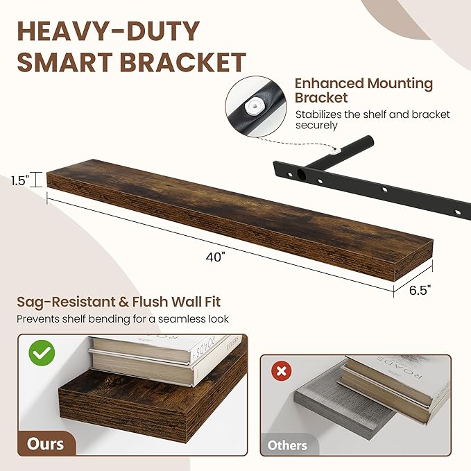 40 Inch Floating Shelves for Wall 2 Pack, 40" Wall Shelves for Books, Storage, Decor, Wall Mounted Floating Shelf with Invisible Brackets for Kitchen, Living Room, Brown