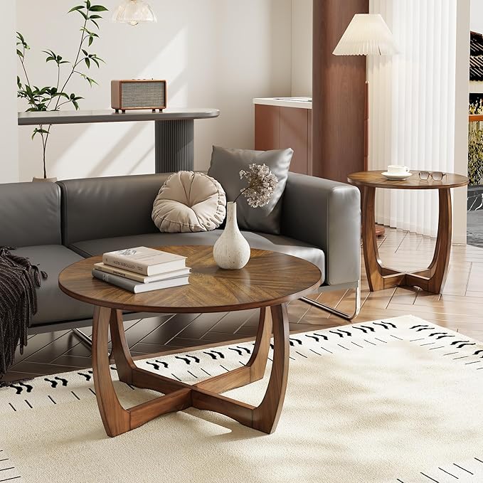 LEEMTORIG Mid Century Modern Round End Side Table Living Room, Walnut End Table Solid Wood Side Table, 23.6" Dia. Large Drum End Table Circle Nightstand Bedroom, Easy Assembly, Brown Walnut CJZ-3223