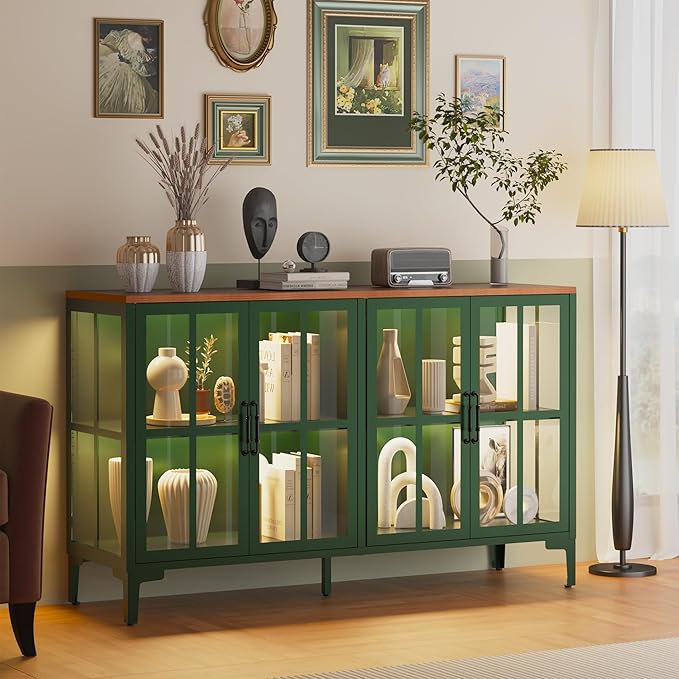 53" 3-Sided Glass Sideboard Buffet Cabinet with COB Lights, Adjustable Shelves, Modern Metal-Wood Buffet Table with Storage, Glass Display Cabinet for Coffee Bar Dining Room Kitchen, Green