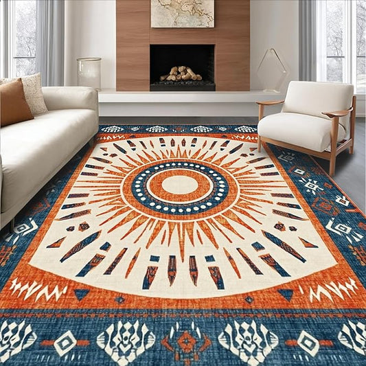 Flatwoven High Traffic Area Rug 6x9, Vintage Tribal Sunburst Motif, Non Slip, Stain Resistant, Washable Area Rugs for Living Room, Bedroom (Orange, 6x9)