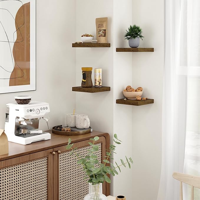 Fun Memories Floating Shelves for Wall - 7.5 Inch Square Shelves with Invisible Brackets, Small Wall Shelf for Living Room, Bathroom, Bedroom, and Kitchen Decor，Brown Set of 3