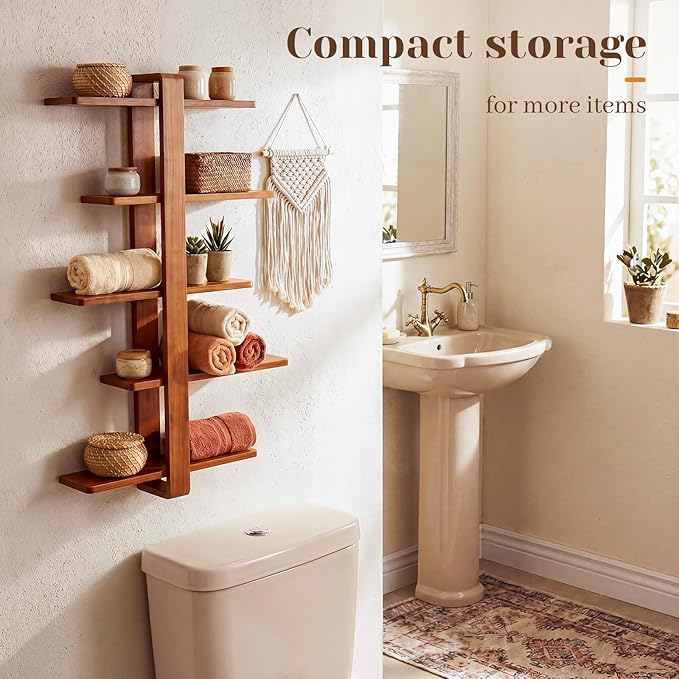 Pinkunn Floating Shelves for Wall, 5 Tier Wall Mounted Shelf Unit with 19.7 Inch Pine Wood Shelves and Walnut Frame, Decorative Plant Photo Book Display Shelf for Living Room Bedroom Bathroom