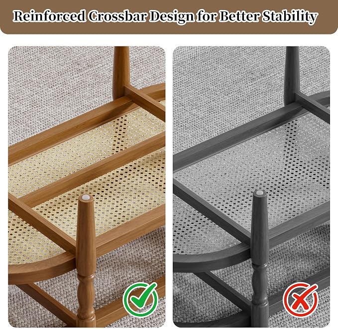 Rattan Coffee Table, Oval Cocktail Table with Glass Top and Solid Wood Frame, Boho Indoor & Outdoor Coffee Table, Brown, 48 in