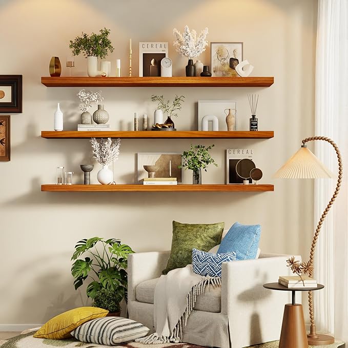 IEO Long Wooden Floating Shelves for Room Wall, Natural Wood Floating Shelves Wall Mounted Kitchen Shelf for Living Room, Bedroom, Kitchen,Bathroom, Storage (Honey Oak, 48in 3tier)