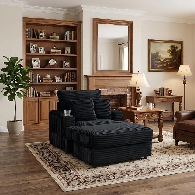 Eafurn 39" Corduroy Modular Accent Chair with Movable Ottoman, Comfy Living Room Armchair with Cup Holder, Soft Upholstered Wide Single Lounge Chaise Chair for Bedroom, Office or Reading Nook