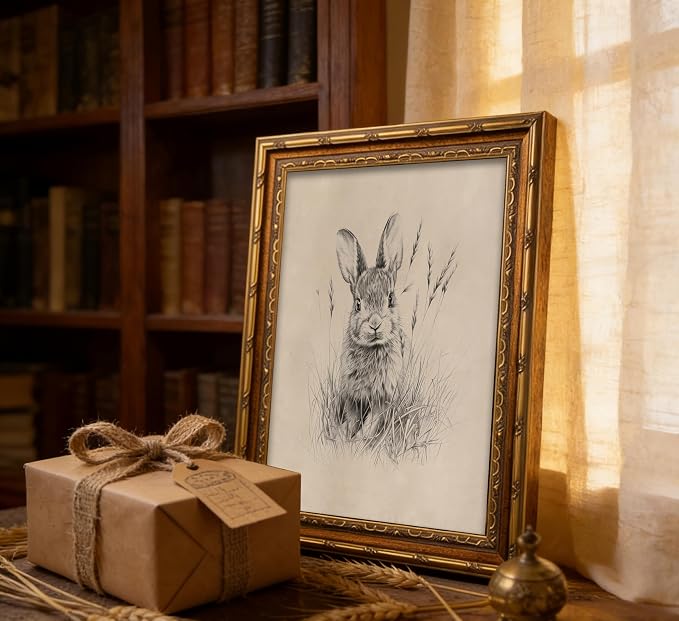 Vintage Gold Framed Easter Bunny Canvas Wall Art Vintage Rabbit Wall Decor Spring Farmhouse Animal Sketch Print Artwork Sketch Rabbit painting Picture for Farmhouse Bedroom Living Room 12X16in