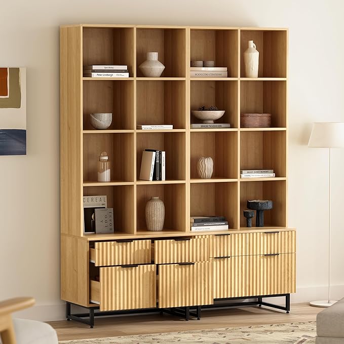 Fluted Bookshelves with Drawers Set of 2, 71" Tall Bookcases 4 Tier Display Cabinet Storage Floor Standing, Versatile Modern Large Book Shelf for Home Office Living Room (Natural Oak)