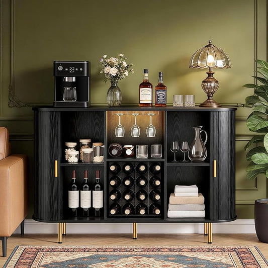 DHH 55" Wine Bar Cabinet with Storage, Fluted Liquor & Coffee Bar Cabinet with Wine Rack and Glass Holder, Buffet Sideboard with LED Lights for Home Kitchen Living Dining Room (Black)