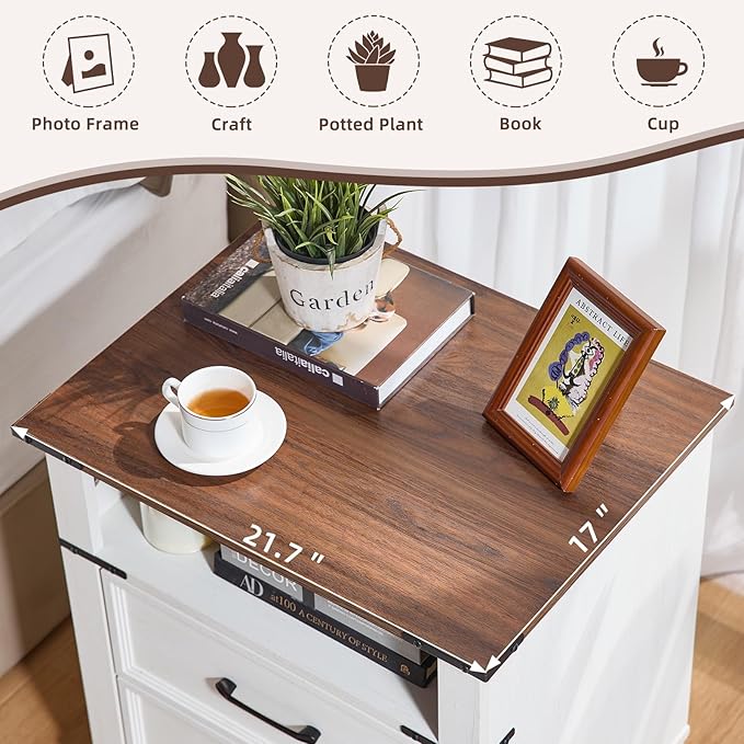 22" Nightstand, 2PCS Farmhouse Nightstand with 2 Drawers,Industrial Bedside Table with Open Shelf for Bedroom Living Room,Office Bed Side Tables Couch End Table,White