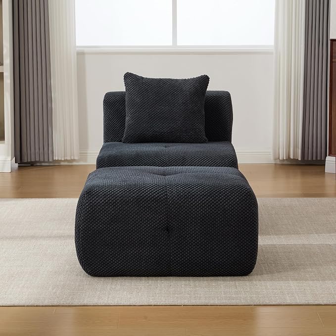 31" Minimalist Style Armless Accent Chair with Ottoman,Modern Boneless Deep Seat Single Sofa with Pillow,Comfortable Chaise Lounge,No Assembly Required for Apartment,Living Room,Charcoal