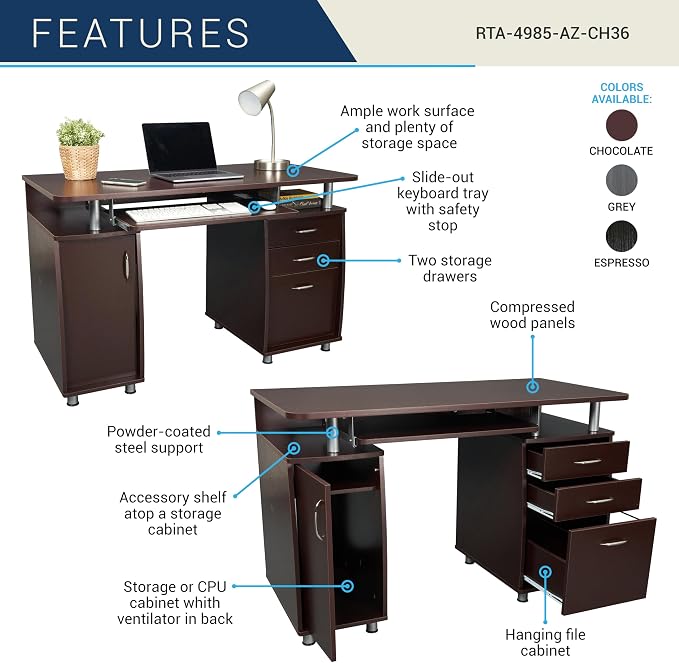 Techni Mobili 48'' W Computer Desk with File Cabinet and Drawers, Storage Cabinet with Removable Shelf and Ventilation for CPU, Home Office Desk or Computer Workstation with Keyboard Tray, Chocolate