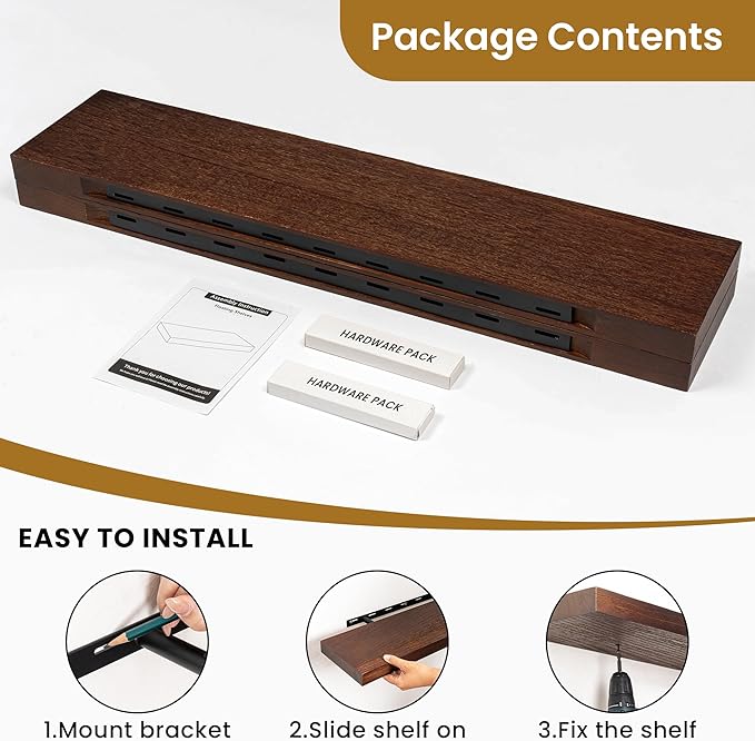 RICHFOCUS Rustic Wooden Floating Shelves for Wall - 36 Inch Wood Shelves Set of 2-7.9 Inch Deep Solid Paulownia Wood Wall Mounted Shelves with Upgraded Metal Brackets for Room Decor, Mahogany