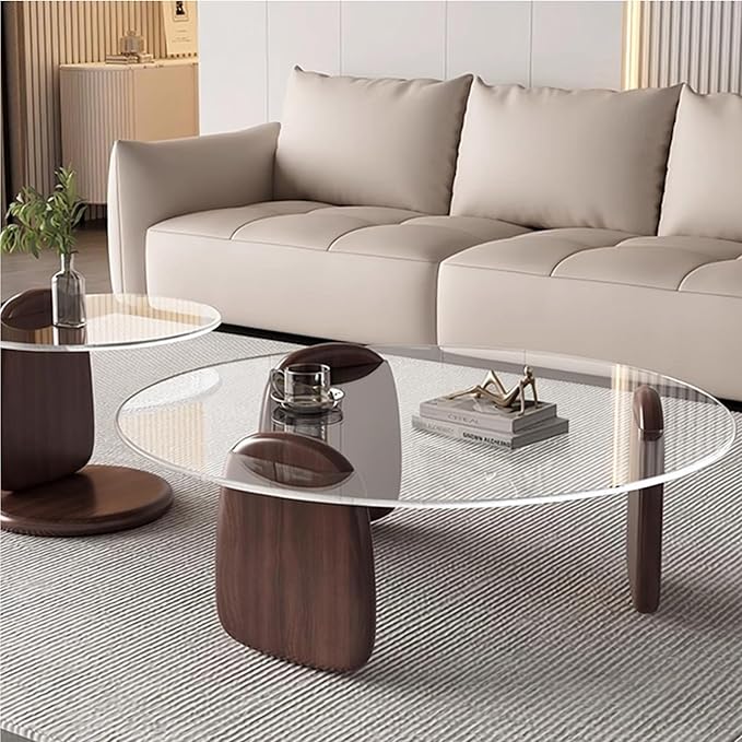 EASYSOUL Modern Round Coffee Table with Glass Top, 35.43" L x 35.43" W x 14.69" H, Circular Tea Tables for Living Room Home Office Industrial Cocktail Tables (Walunt-Clear Glass/35.43")